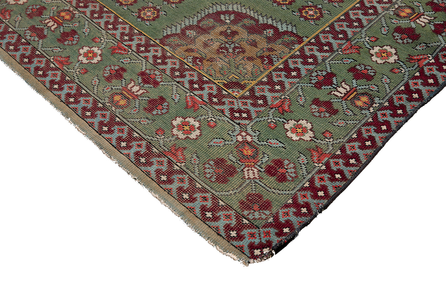 10'x13' Green and Red Geometric Antique English Hand-knotted Rug