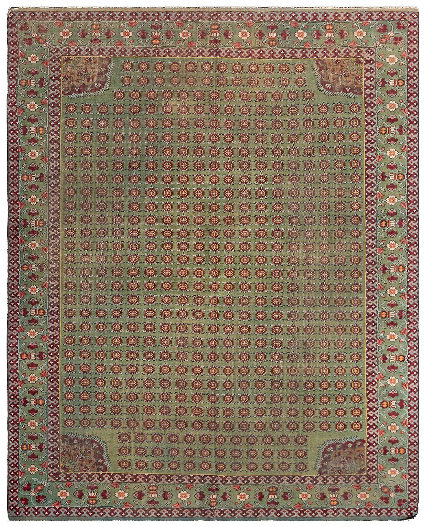10'x13' Green and Red Geometric Antique English Hand-knotted Rug