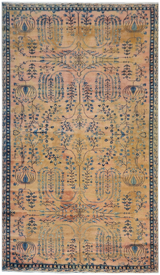 7'x15' Salmon and Blue Floral Antique Persian Kerman Rug
