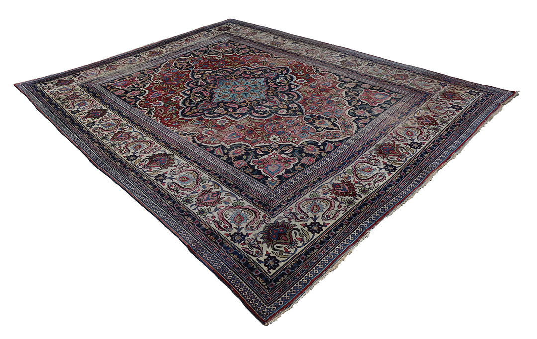 10'x13' Antique Burgundi Navy Blue Ivory Worn-out Persian Mashad Classic Design Rug