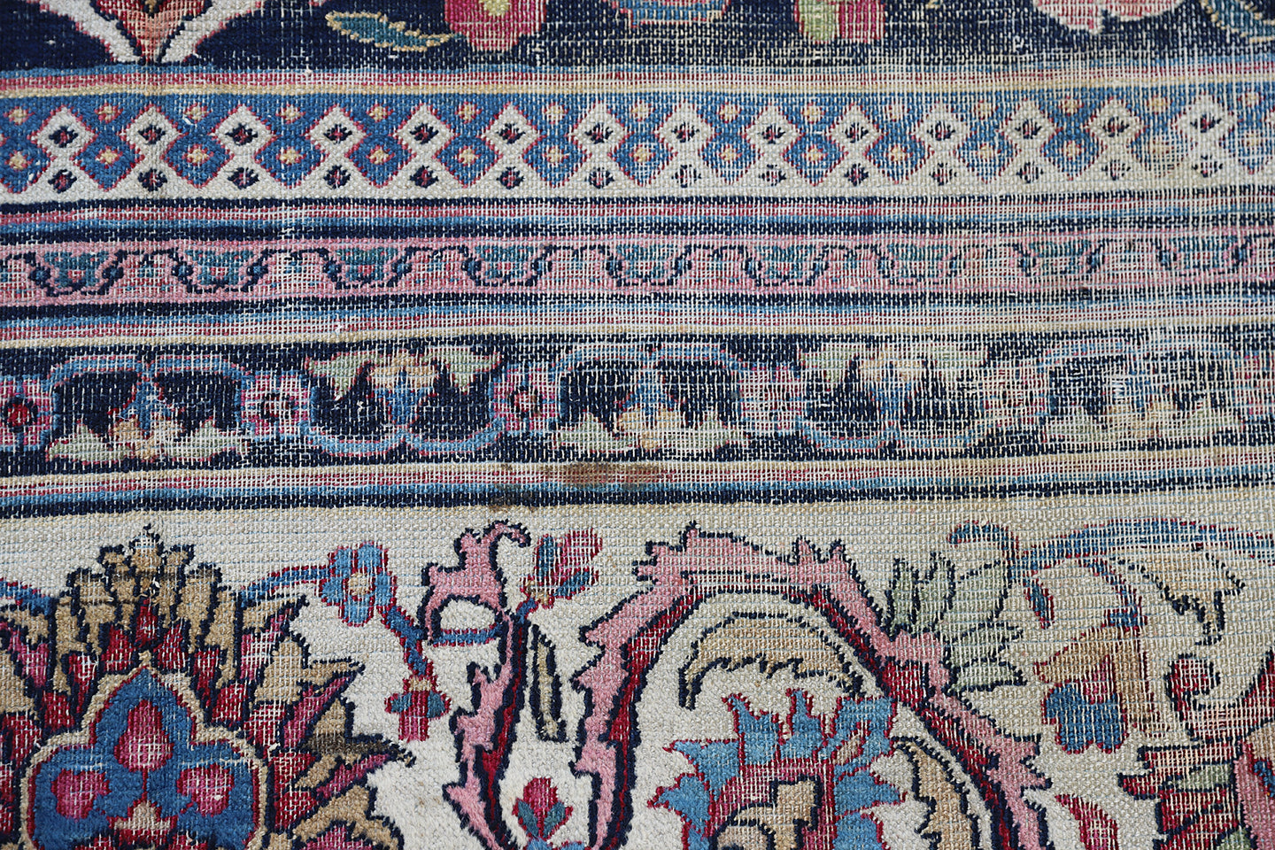 10'x13' Antique Burgundi Navy Blue Ivory Worn-out Persian Mashad Classic Design Rug