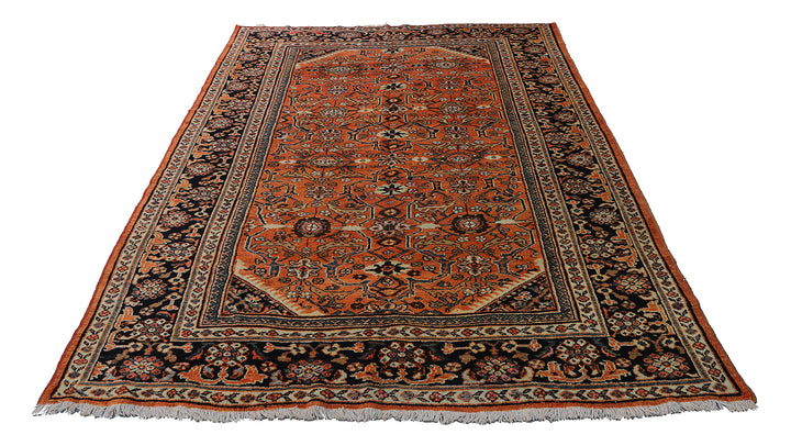 7'x10' Orange Coral Navy Ivory Vintage Persian Mahal Rug