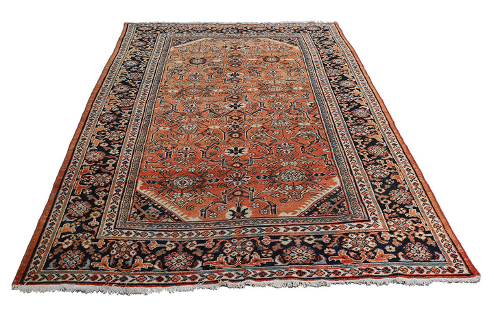 7'x10' Orange Coral Navy Ivory Vintage Persian Mahal Rug