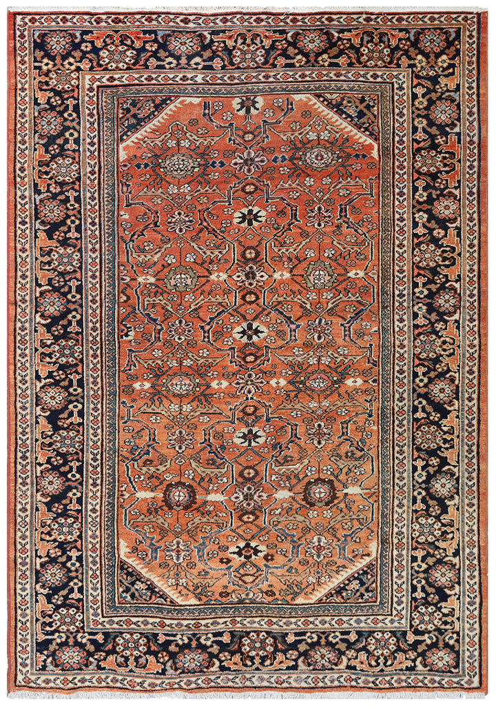 7'x10' Orange Coral Navy Ivory Vintage Persian Mahal Rug