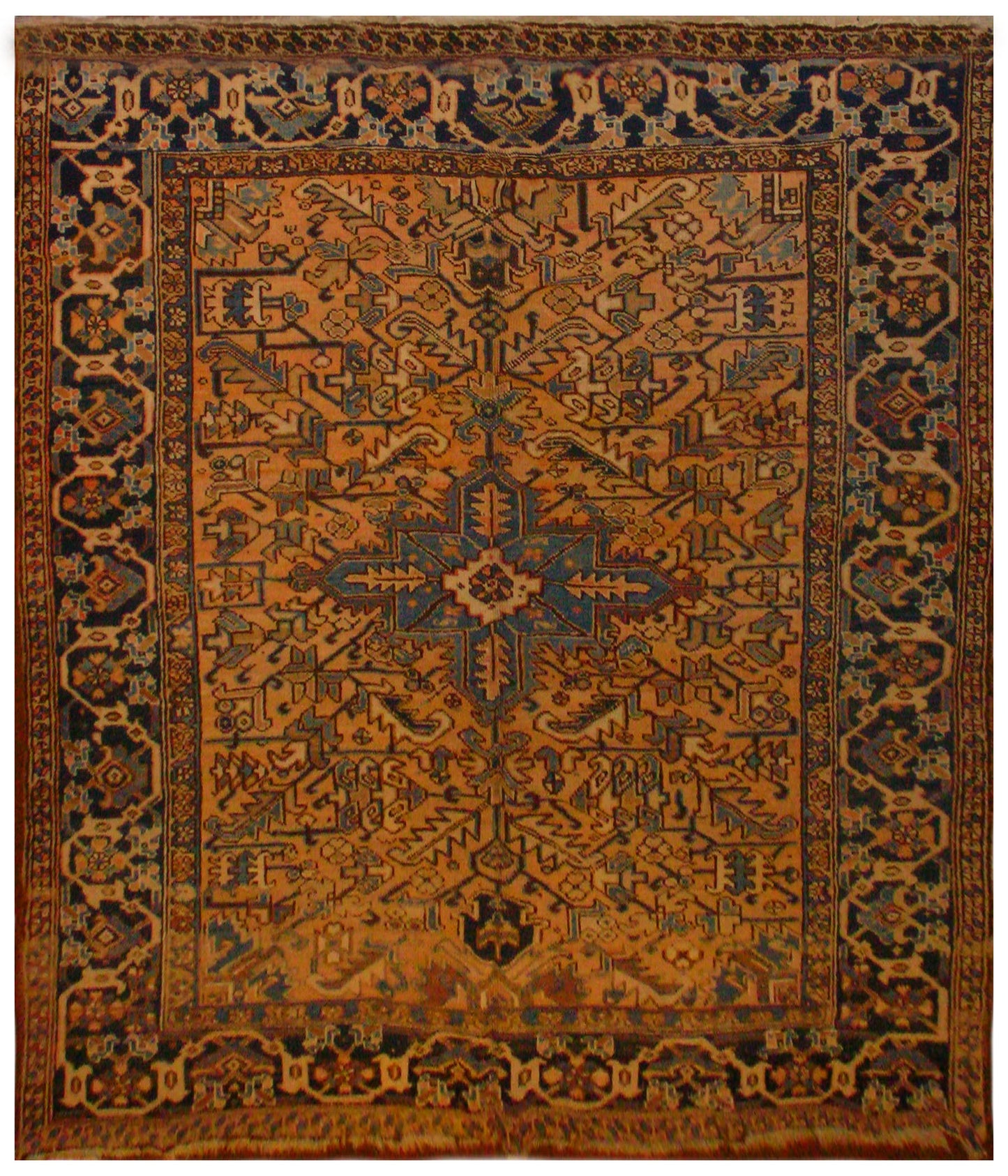 7'x8' Geometric Navy Blue Gold Vintage Persian Heriz Rug