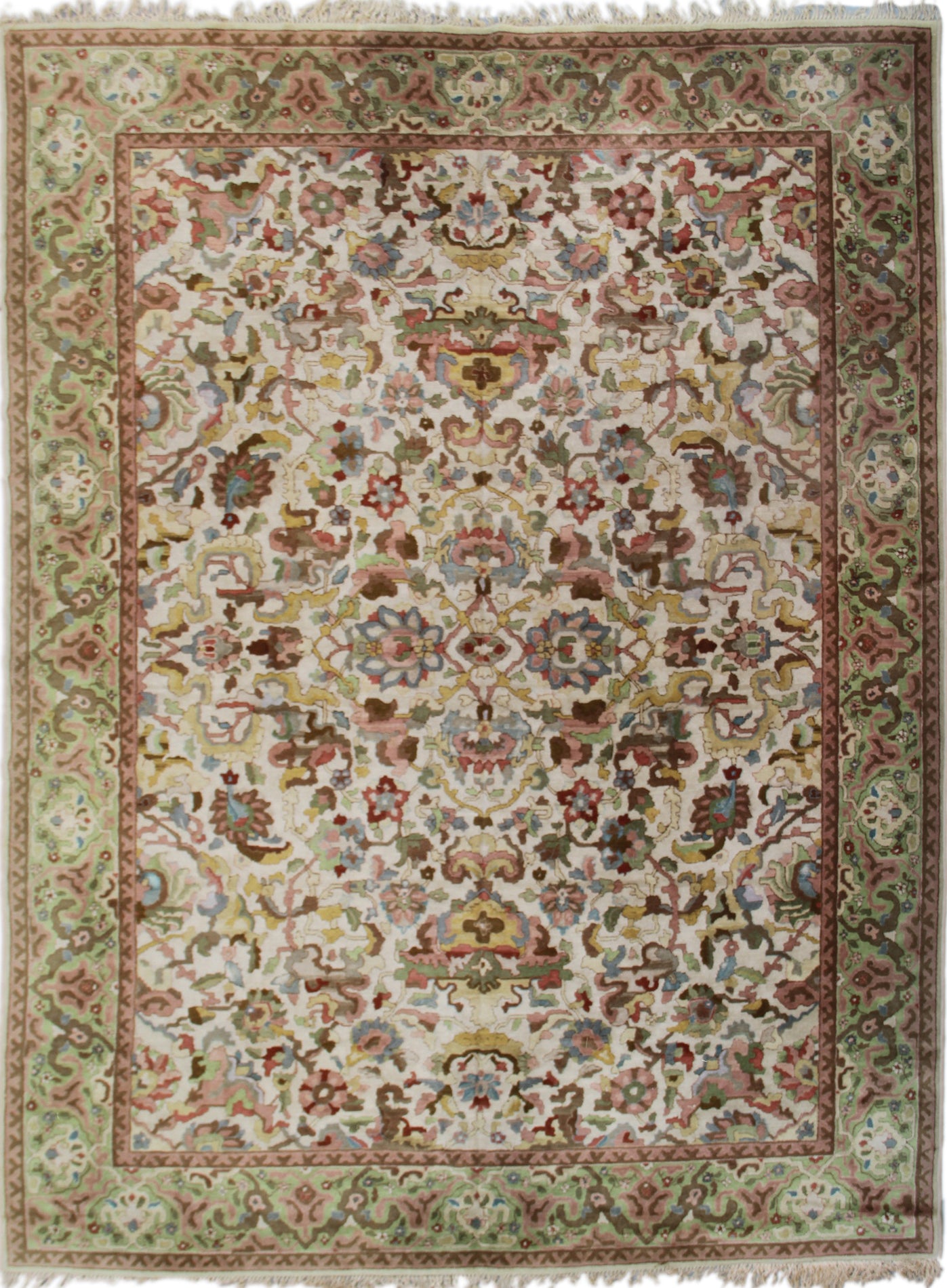 8'x11' Ivory Green Persian Floral Design Antique German Tetx Tufted Rug