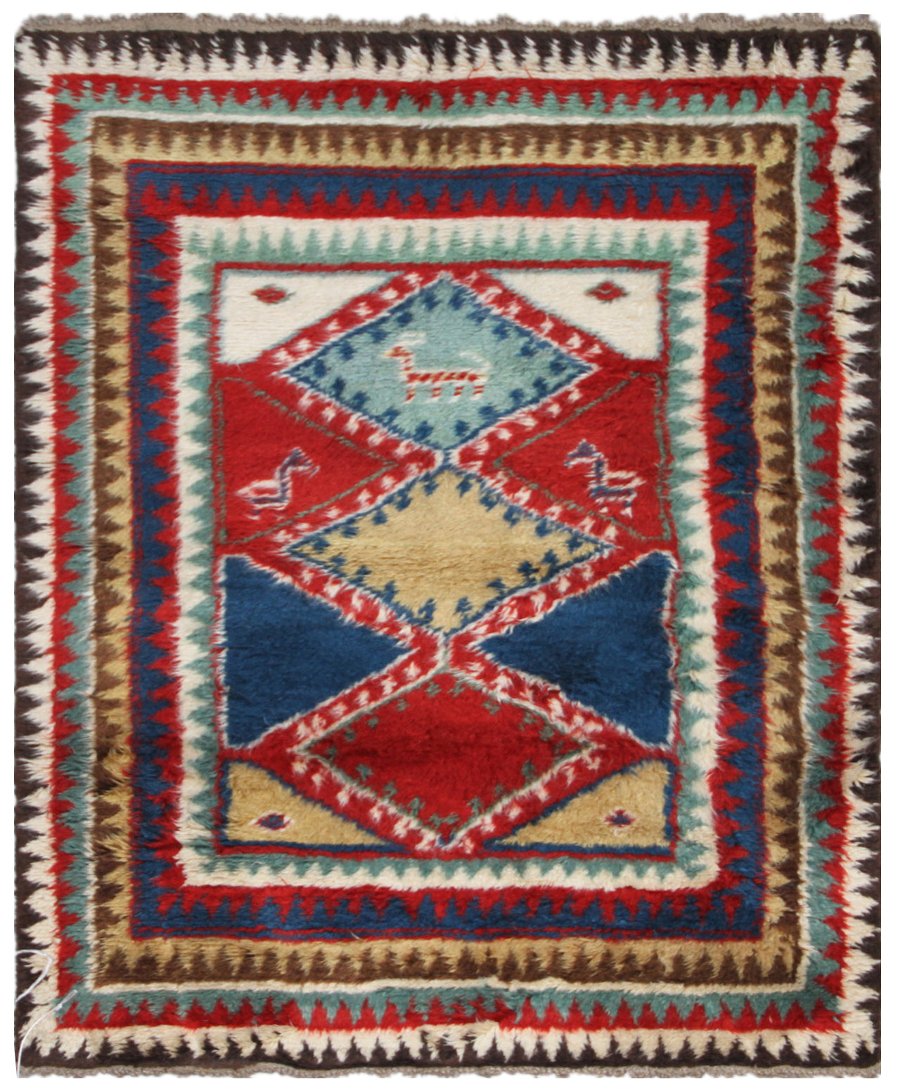 4'x5' Red White Blue Fine Shaggy Wool Persian Gabbeh Rug