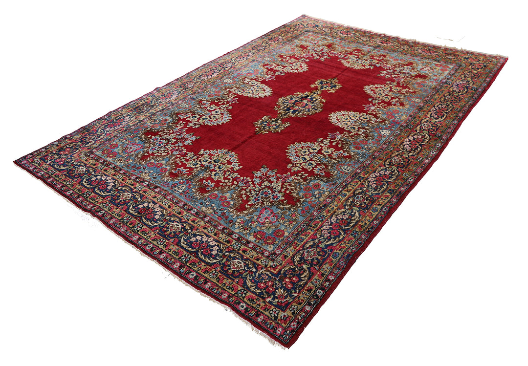 7'x11' Red Open-field With Medallion Floral Design Vintage Kerman Rug