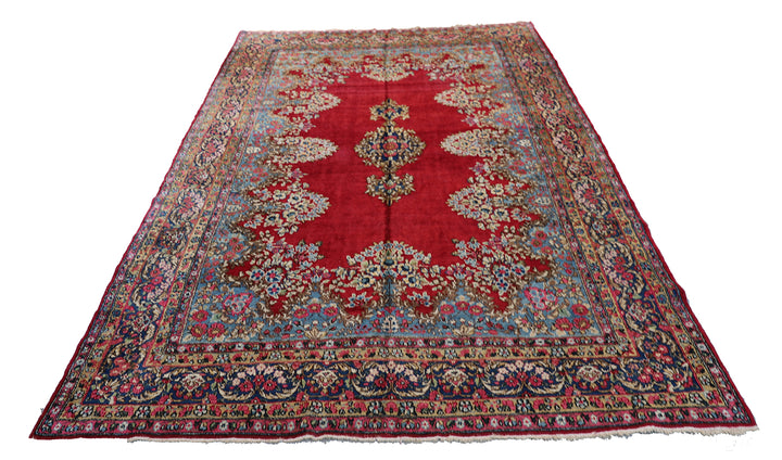 7'x11' Red Open-field With Medallion Floral Design Vintage Kerman Rug