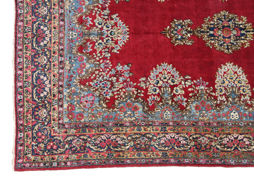 7'x11' Red Open-field With Medallion Floral Design Vintage Kerman Rug