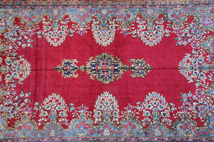 7'x11' Red Open-field With Medallion Floral Design Vintage Kerman Rug