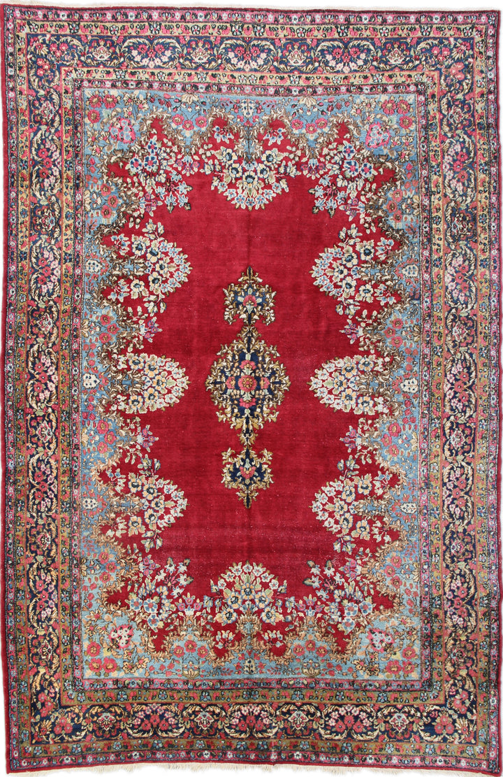 7'x11' Red Open-field With Medallion Floral Design Vintage Kerman Rug