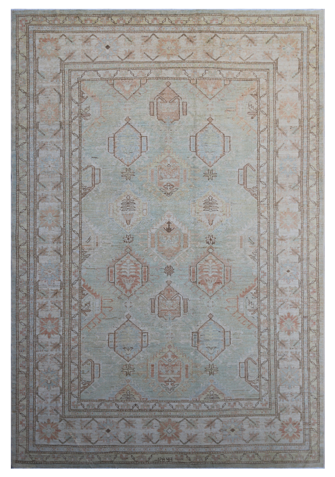 Ariana Kazak Geometric Soft Green and Ivory Hazara Rug