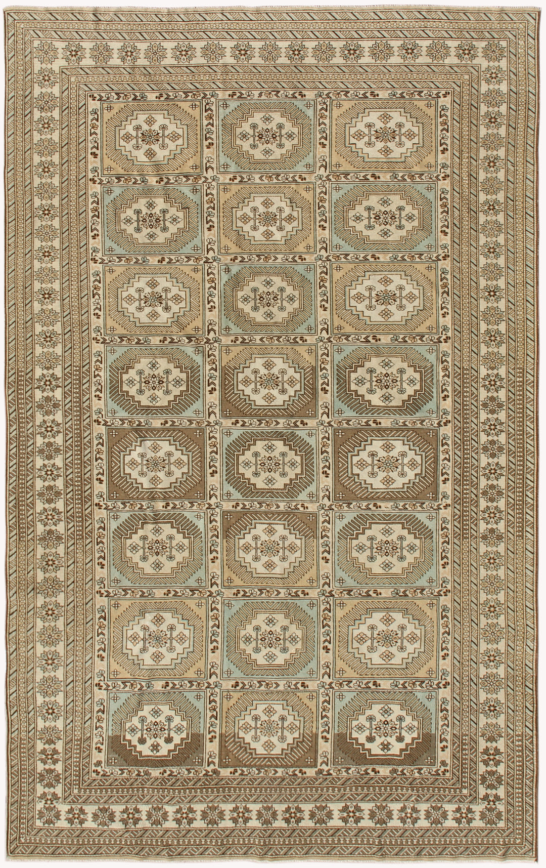 A geometric Ariana Hazara rug with a soft color palette, featuring a cream, beige, tan, brown, and blue color scheme.