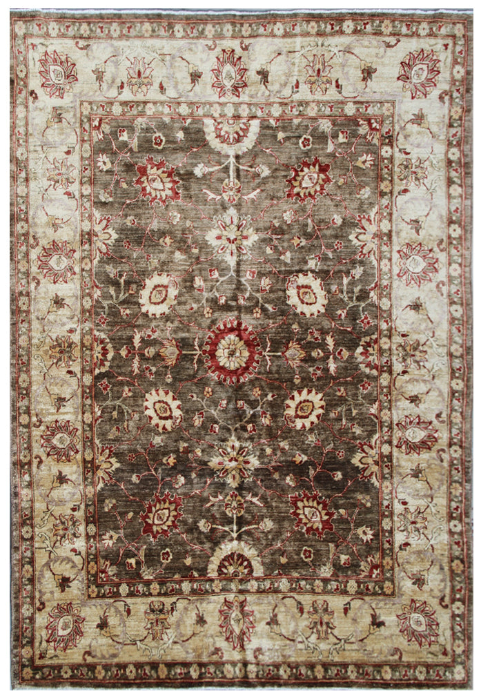 A traditional sultanabad design area rug featuring a geometric pattern with a central medallion in a darker shade, surrounded by a border in a lighter shade.