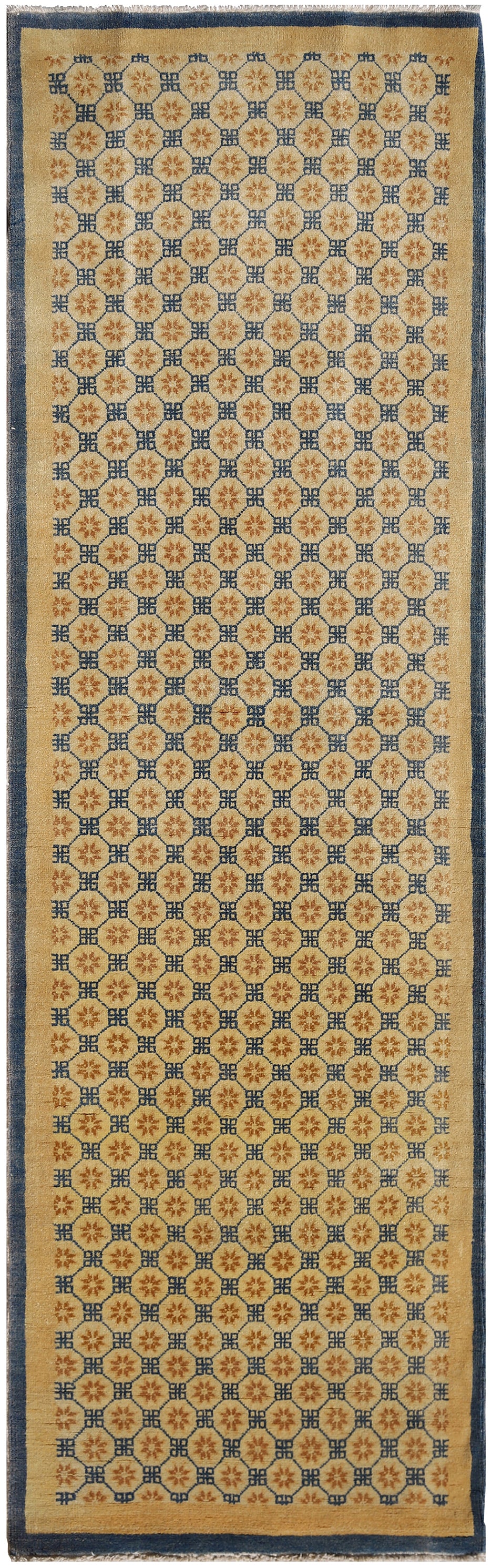 3x8 Gold Blue Geometric Contemporary Chinese Design Runner Rug