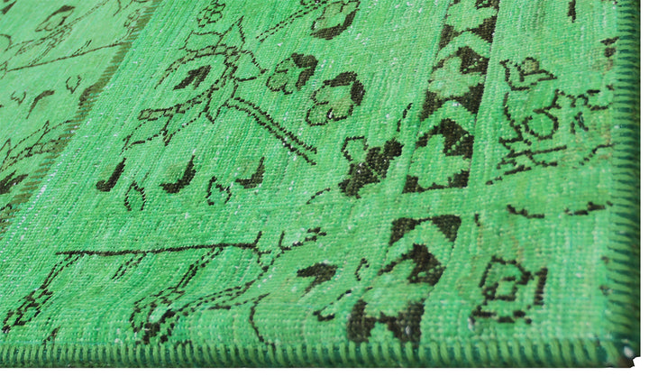 Green Wool Area Rug, 7x10 Area Rug, Patchwork Wool Rug, Overdyed Area Rug, Hand-Knotted Rug, Modern Vintage Rug, Green Patchwork Rug, Luxury Wool Rug, Vibrant Green Rug, Hand-Knotted Wool Rug