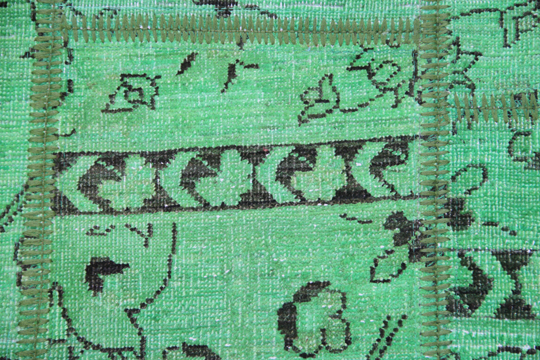 Green Wool Area Rug, 7x10 Area Rug, Patchwork Wool Rug, Overdyed Area Rug, Hand-Knotted Rug, Modern Vintage Rug, Green Patchwork Rug, Luxury Wool Rug, Vibrant Green Rug, Hand-Knotted Wool Rug