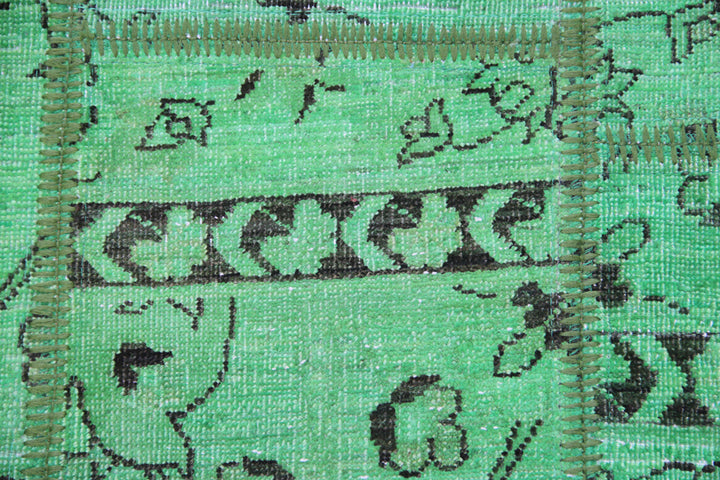 Green Wool Area Rug, 7x10 Area Rug, Patchwork Wool Rug, Overdyed Area Rug, Hand-Knotted Rug, Modern Vintage Rug, Green Patchwork Rug, Luxury Wool Rug, Vibrant Green Rug, Hand-Knotted Wool Rug