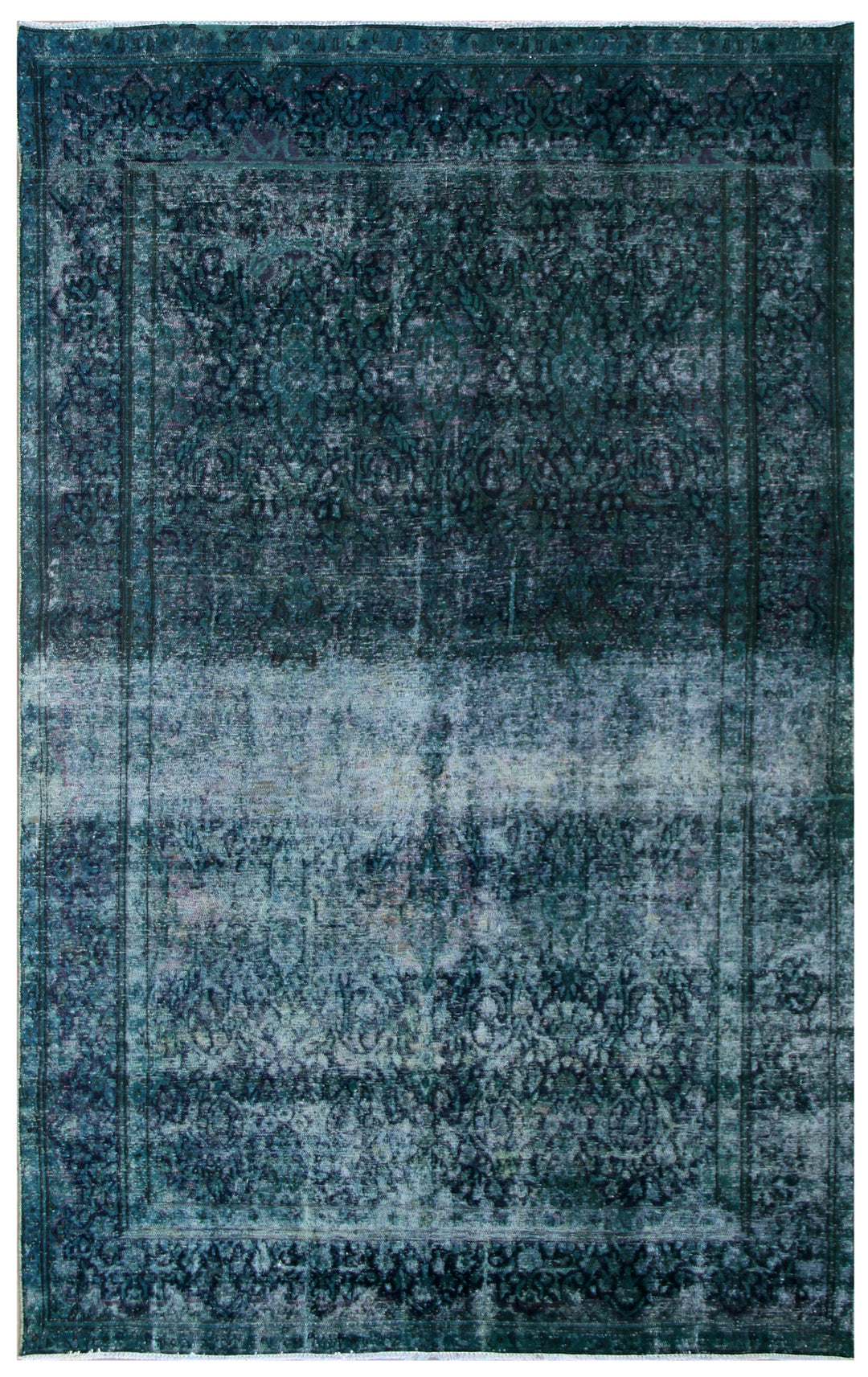 A vintage navy blue overdyed rug with a Persian Tabriz design, featuring intricate patterns and a traditional knotted texture.