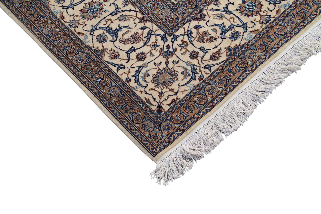 7'x10' Persian Nain Hand-Knotted Rug | Blue & Beige Floral | Wool & Silk