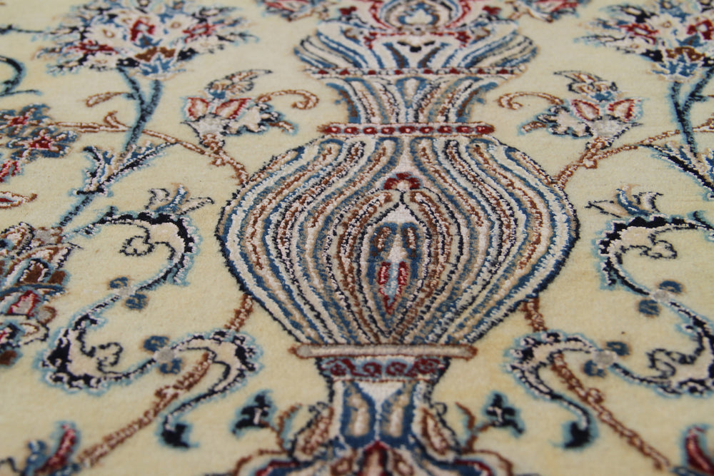 7'x10' Persian Nain Hand-Knotted Rug | Blue & Beige Floral | Wool & Silk