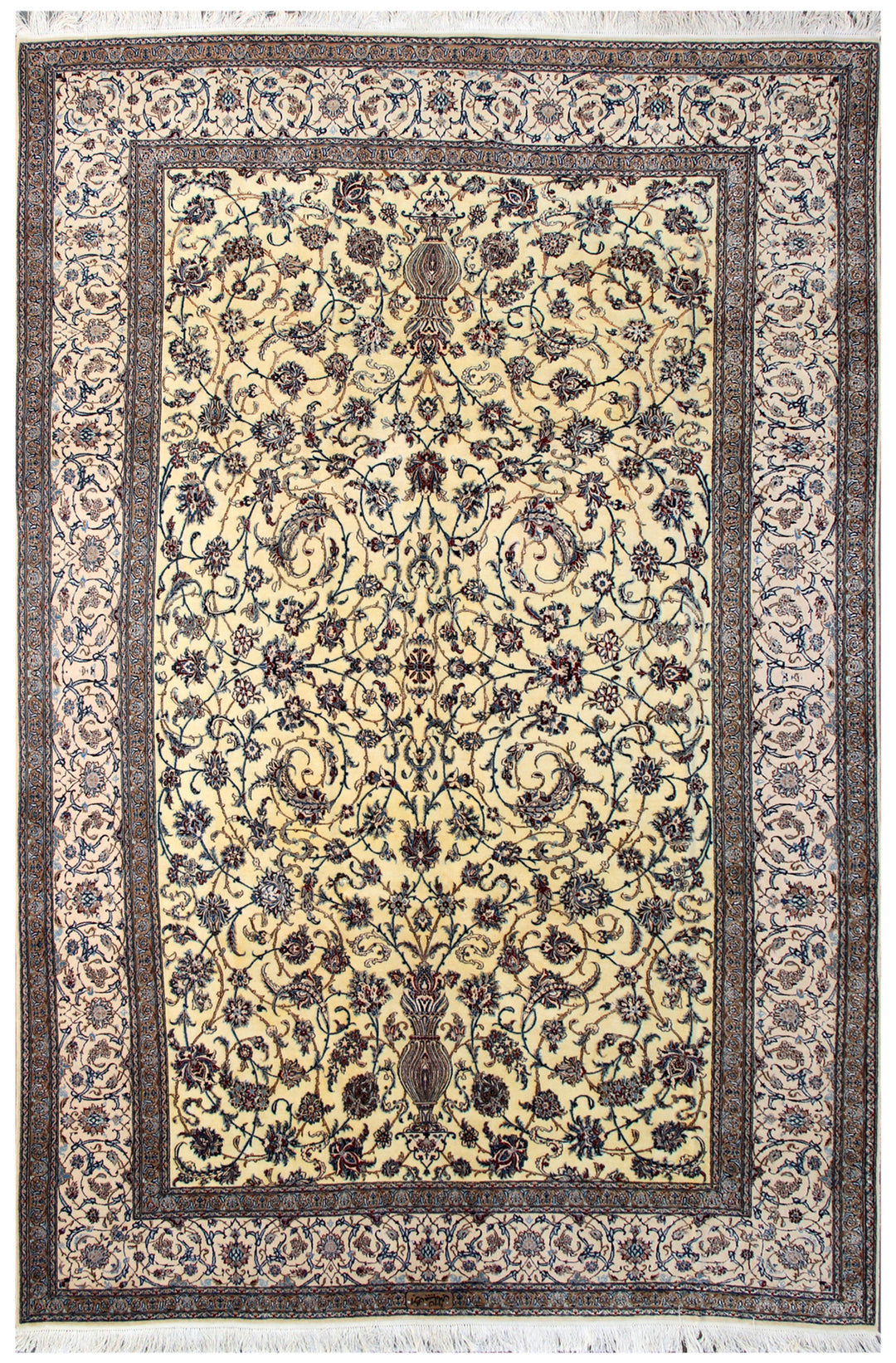 A finely woven Persian Nain rug with a floral pattern in beige, brown, ivory, and yellow hues, and a border in blue and red.