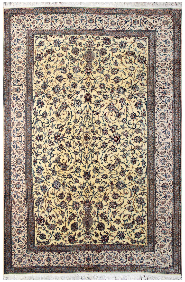 A finely woven Persian Nain rug with a floral pattern in beige, brown, ivory, and yellow hues, and a border in blue and red.