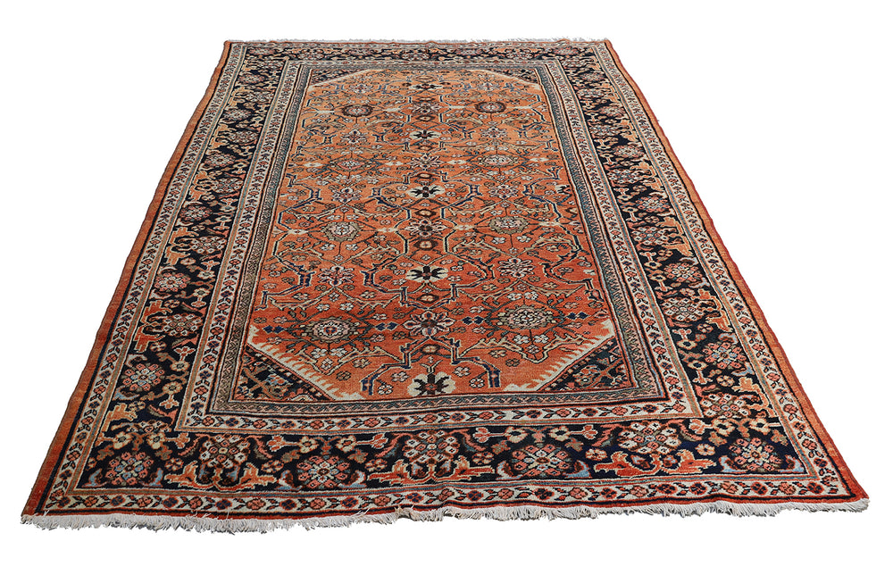 7x10 vintage Persian Mahal hand-knotted wool rug in orange coral navy and ivory