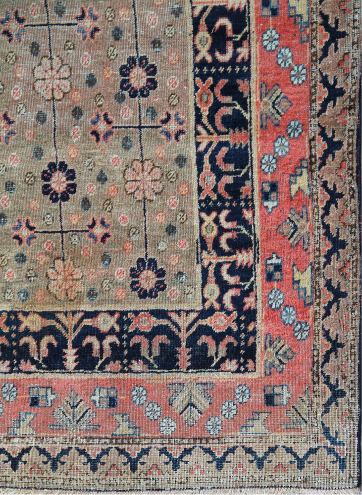 7'x13' Antique Samarkand (Khotan) Allover Pattern Rug | Navy, Pink & Soft Green