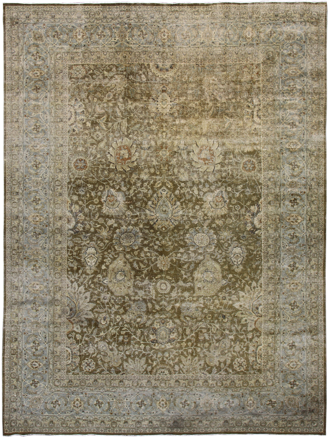 Antique and semi antique Persian Tabriz rug with geometric and floral patterns in beige, brown, and gray hues.