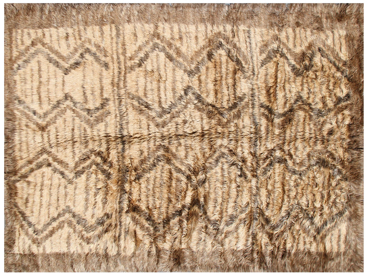 Hand-Knotted 8'3"x9'5" Moroccan Shaggy Tribal Rug in Brown and Beige