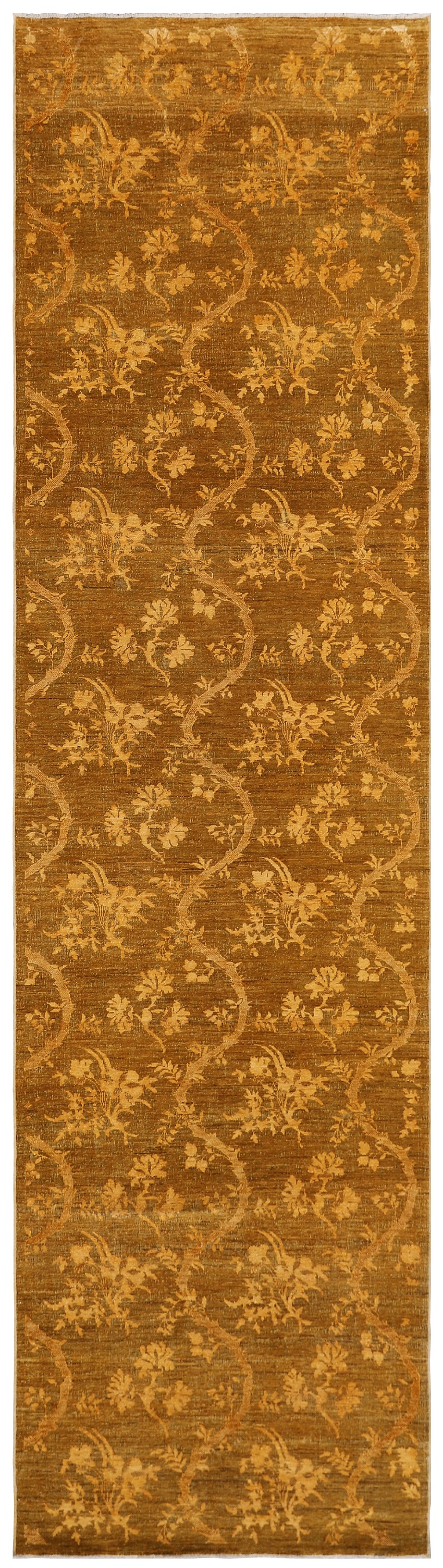 3x11 Khaki Green Gold Wool And Silk Chinoiserie Design Ariana Traditional Runner Rug