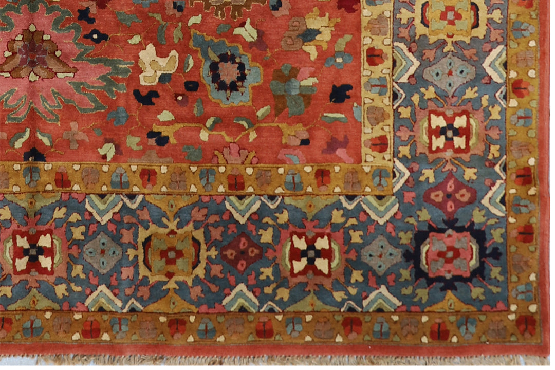 8'x11' Antique Caucasian Design German Tetex Tufted Rug Rust Blue Grey Ivory Rug