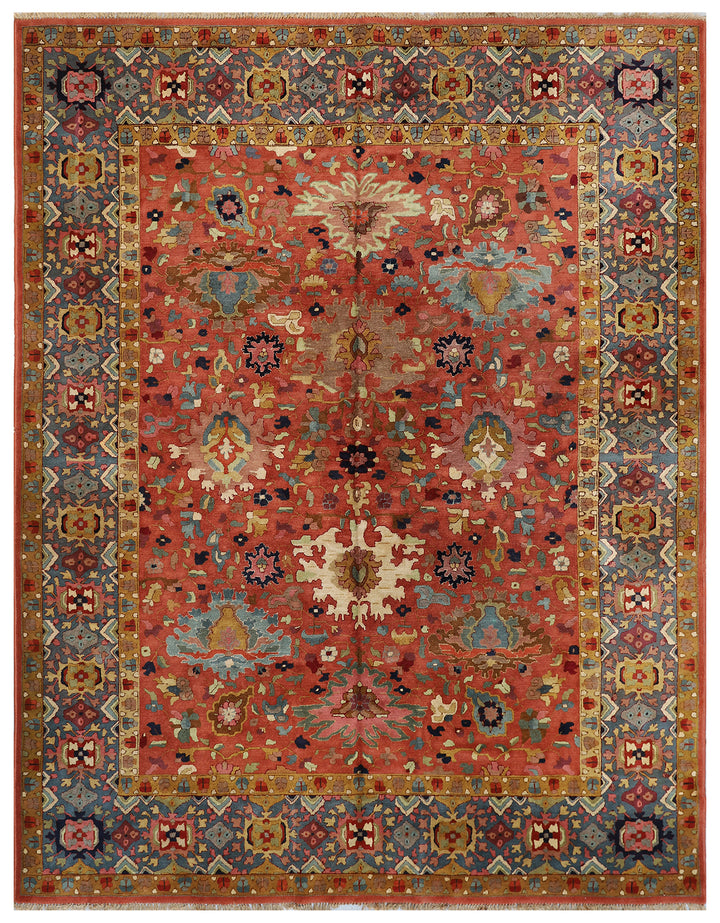 8'x11' Antique Caucasian Design German Tetex Tufted Rug Rust Blue Grey Ivory Rug
