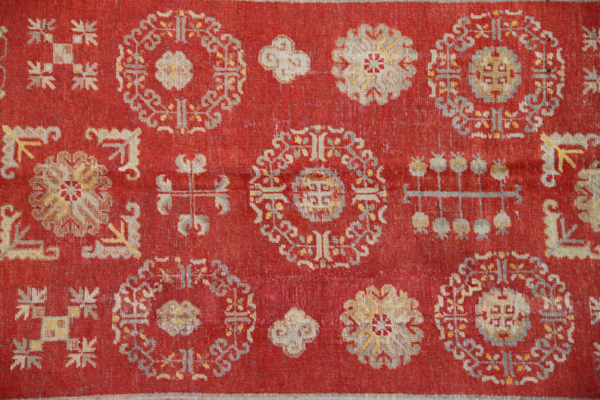 8.07 x 4.06 Red and Gold Vintage Geometric Design Antique Samarkand Khotan Area Rug