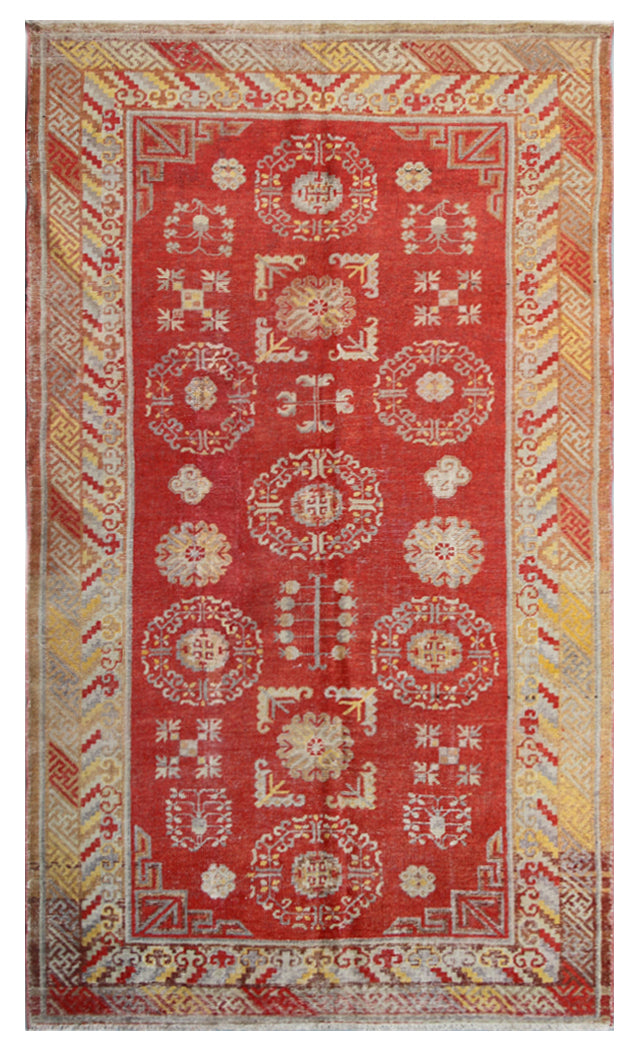 8.07 x 4.06 Red and Gold Vintage Geometric Design Antique Samarkand Khotan Area Rug