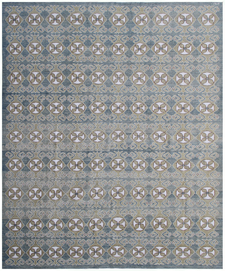 8'x10' Afghan Hand-Knotted Blue & White Modern Rug | Geometric 