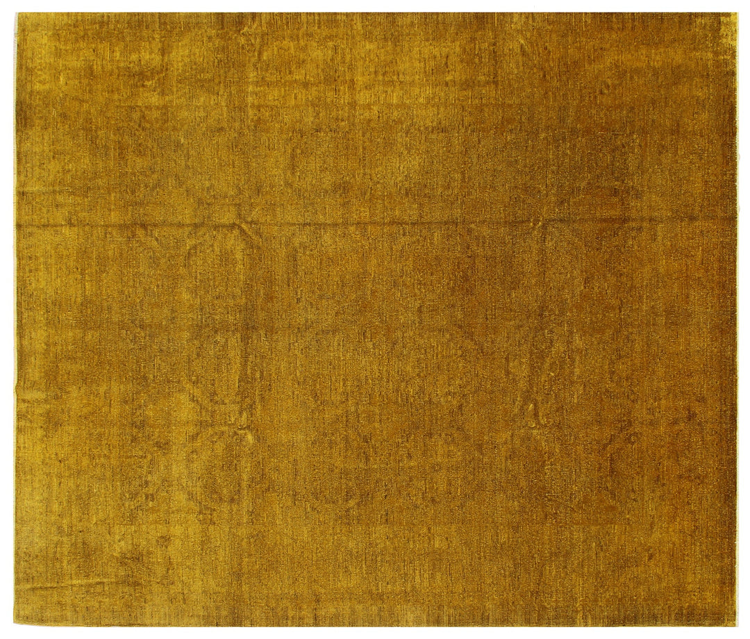 8'x10' golden yellow Ariana overdyed hand-knotted wool area rug featuring a saturated yellow wash and traditional motifs