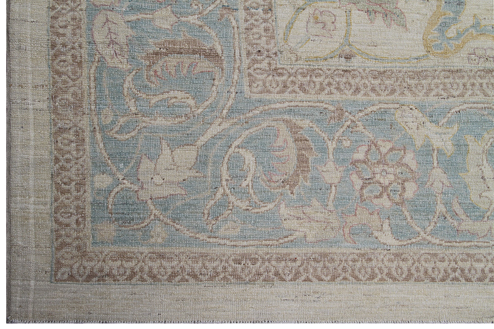 8'x10' Polonaise design Ariana luxury hand-knotted silk and wool area rug in ivory, blue, green, yellow, and brown