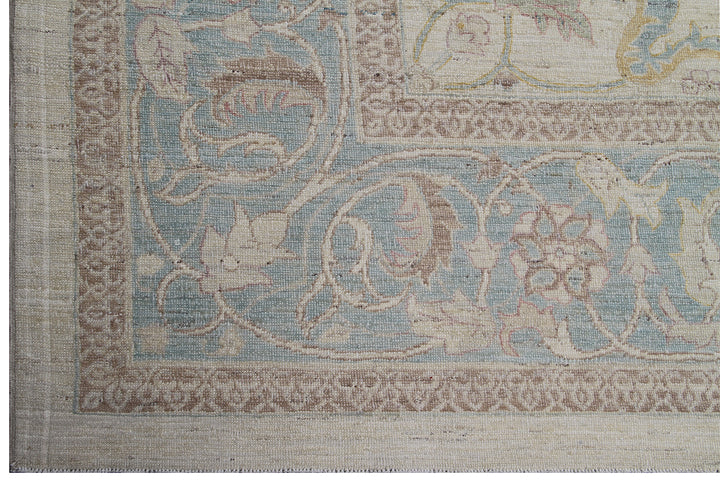 8'x10' Polonaise design Ariana luxury hand-knotted silk and wool area rug in ivory, blue, green, yellow, and brown