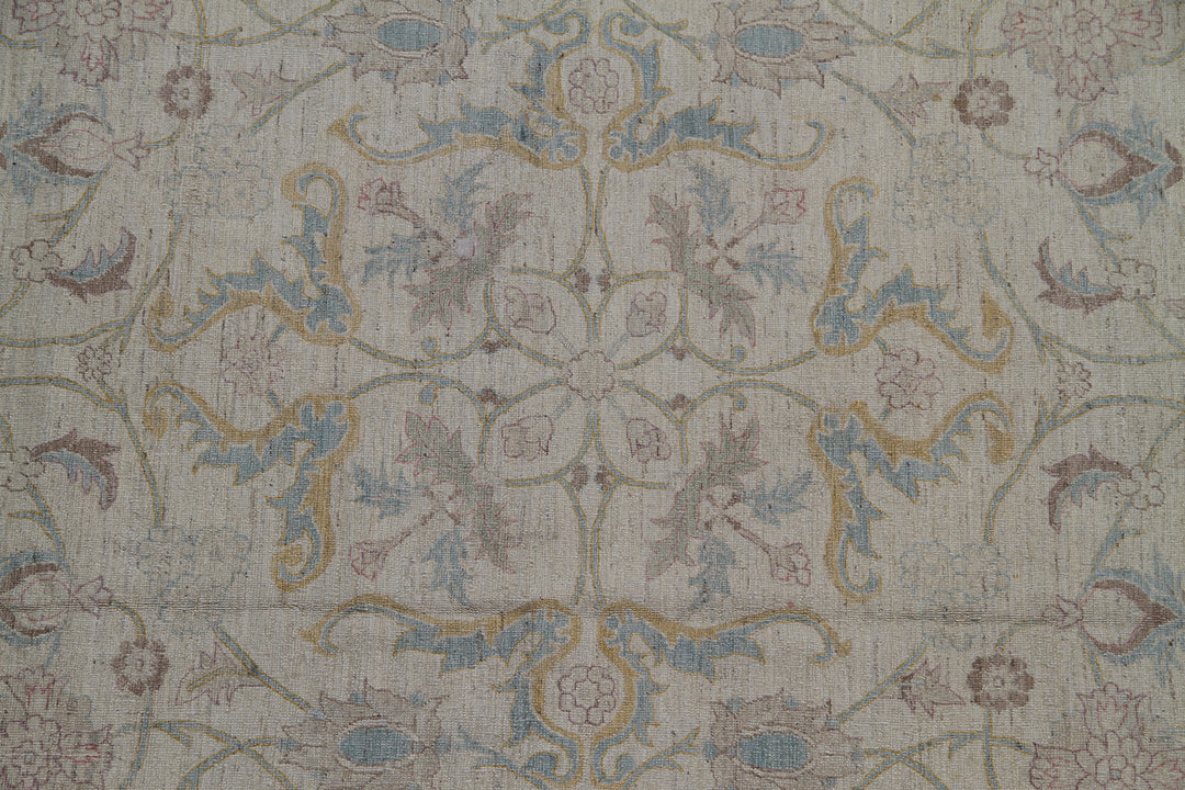 8'x10' Polonaise design Ariana luxury hand-knotted silk and wool area rug in ivory, blue, green, yellow, and brown