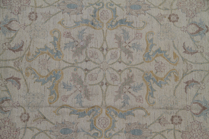 8'x10' Polonaise design Ariana luxury hand-knotted silk and wool area rug in ivory, blue, green, yellow, and brown