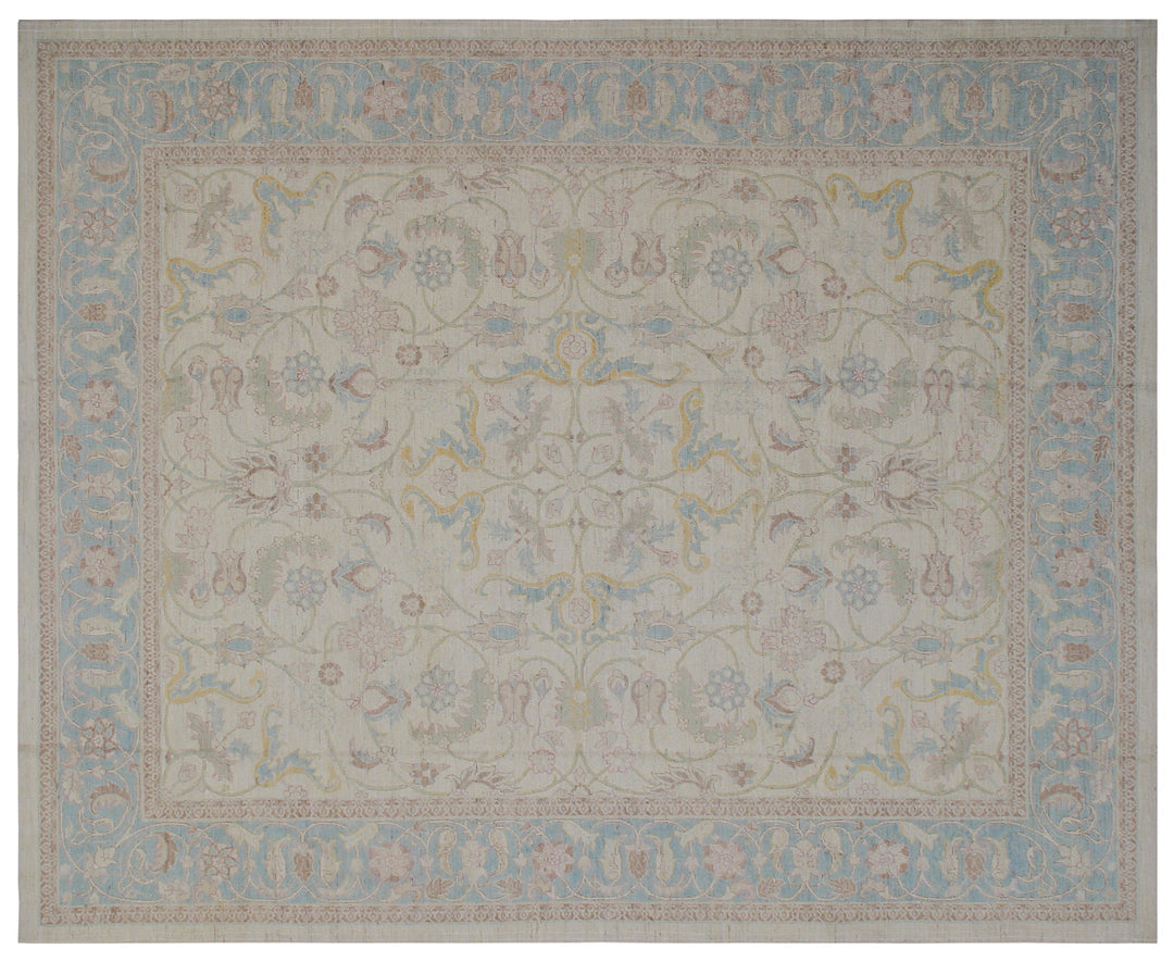 8'x10' Polonaise design Ariana luxury hand-knotted silk and wool area rug in ivory, blue, green, yellow, and brown
