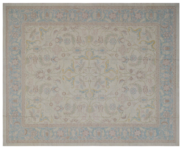 8'x10' Polonaise design Ariana luxury hand-knotted silk and wool area rug in ivory, blue, green, yellow, and brown