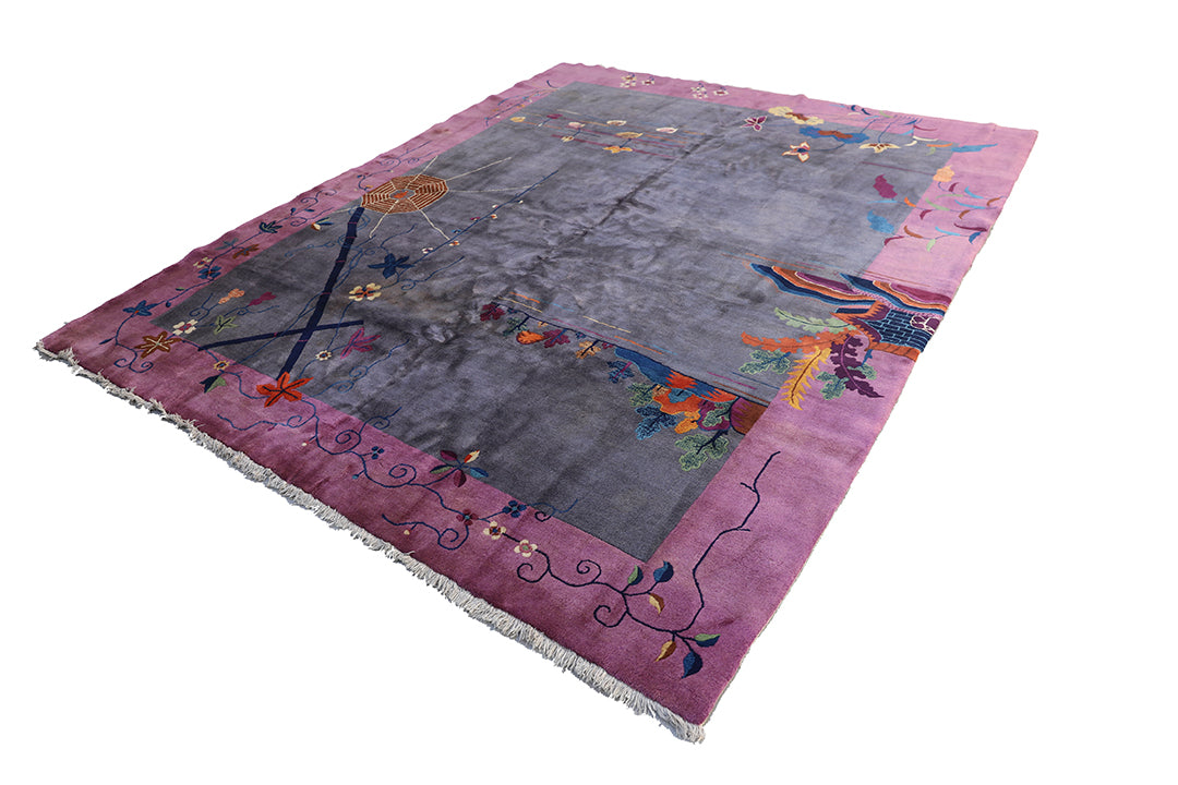 8'x10'  Vintage Chinese Art Deco Wool Area Rug | Grey & Pink Rug