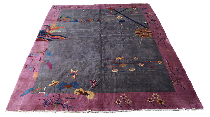 8'x10'  Vintage Chinese Art Deco Wool Area Rug | Grey & Pink Rug