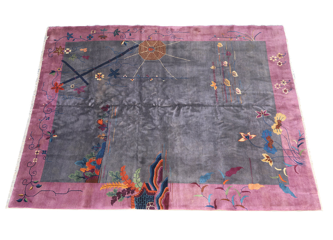 8'x10'  Vintage Chinese Art Deco Wool Area Rug | Grey & Pink Rug