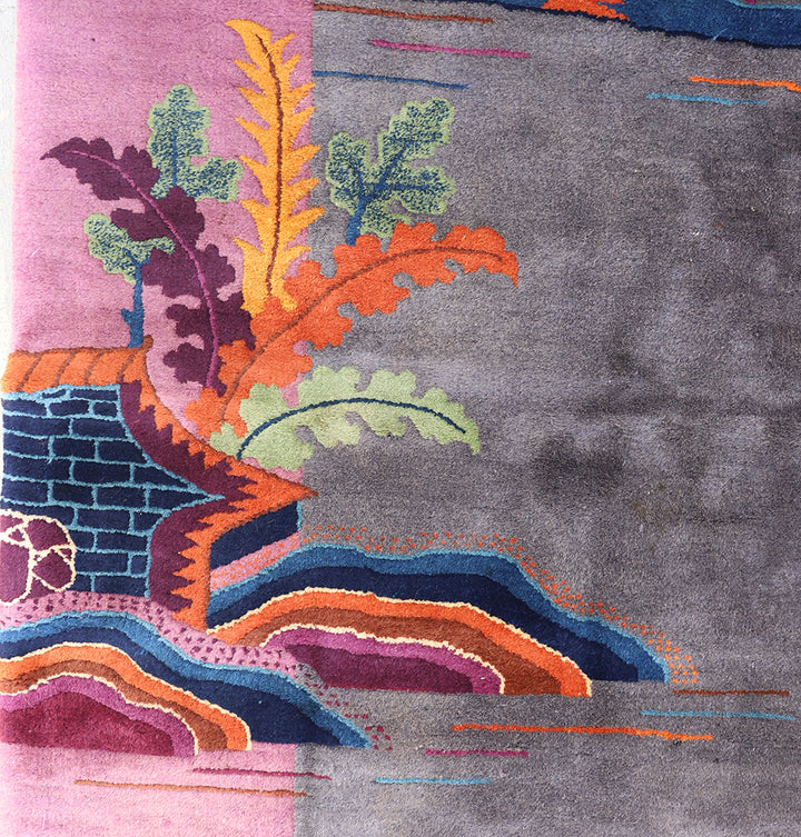 8'x10'  Vintage Chinese Art Deco Wool Area Rug | Grey & Pink Rug