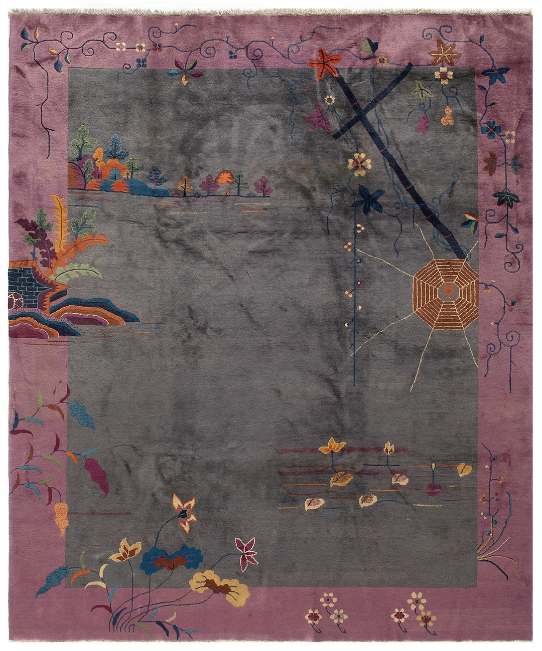 A gray and pink vintage Chinese Art Deco wool area rug with floral and pictorial motifs, showing signs of wear but maintaining a timeless design.